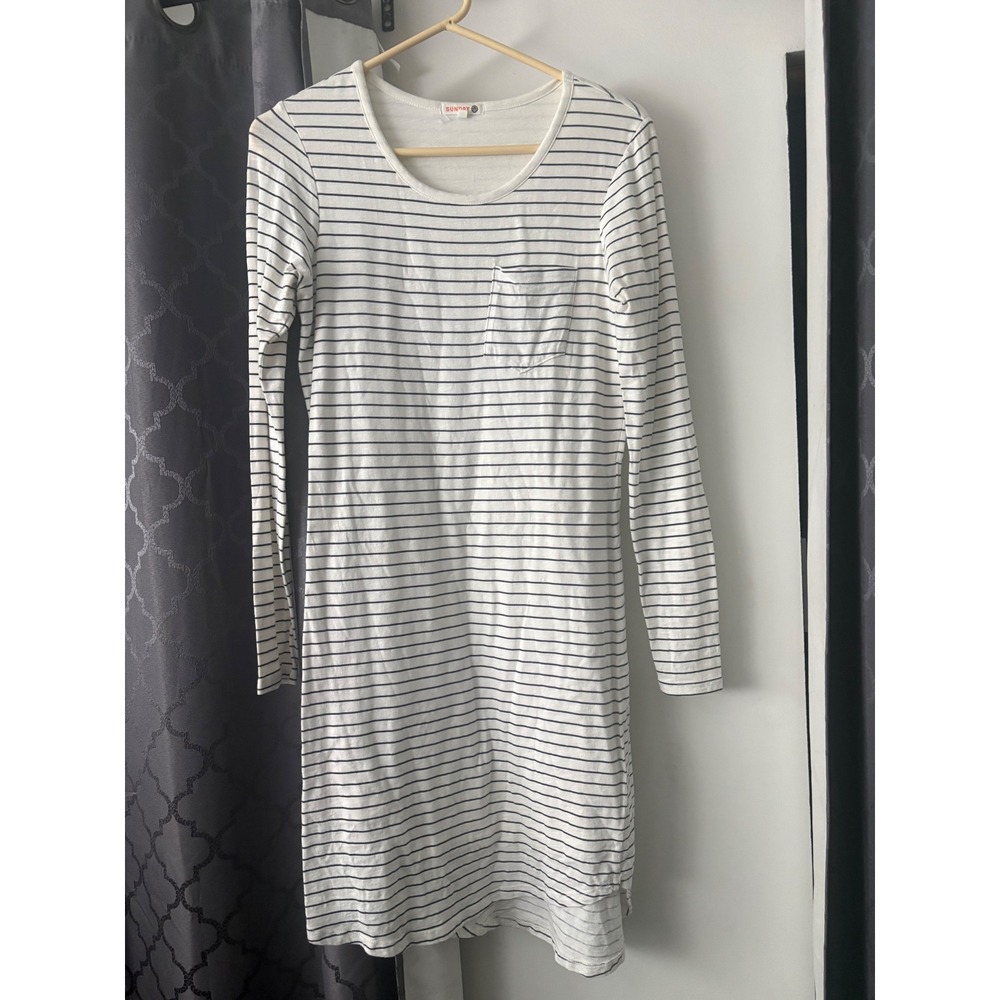Sundry Striped Long Sleeve Pocket T-Shirt Dress White Navy Blue Size 1 S